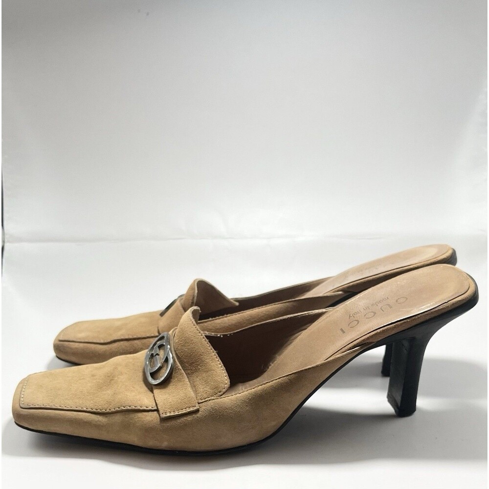 GUCCI Mules Tan Suede Kitten Heels GG Logo Slip On Vintage TOM FORD Era Sz 37 7